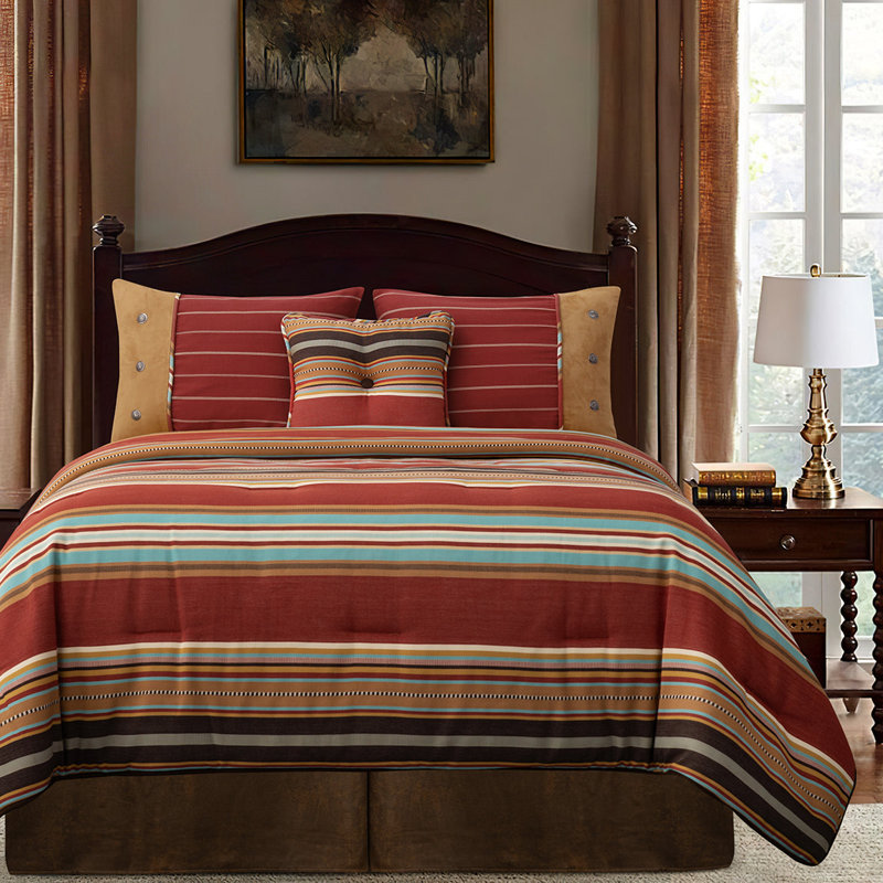 Calhoun Orange Brown Blue Striped Western Southwestern Comforter Set, Twin