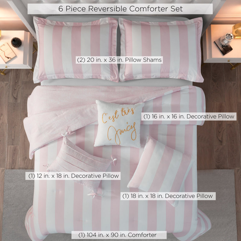 Juicy Couture Cabana Stripe Comforter Sets, King Comforter + 2 Shams + 3 Throw Pillows, White/Dogwood Pink