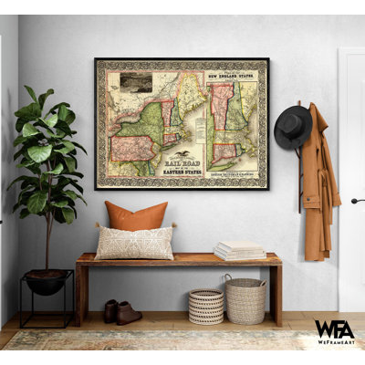 Chemin de fer carte des États de l'Est et de la Nouvelle-Angleterre en 1856, histoire de chemin de fer, affiche, Art mural rustique de l'est des États-Unis, train, affiche