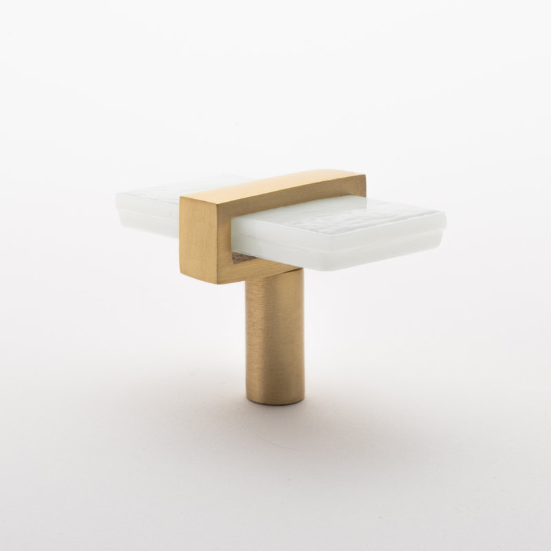 2” Length Rectangle Knob, Satin Brass/White