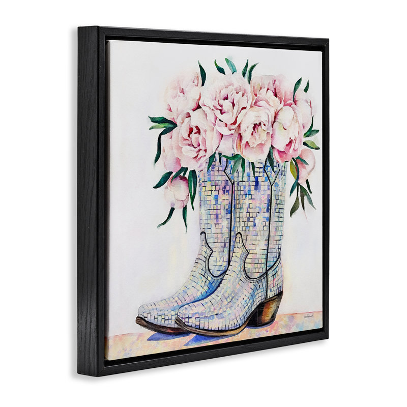 Cadre flottant rose avec bottes de cow-boy, design par Amanda Greenwood, H 25 po x l 25 po, Cadre flottant noir de jais