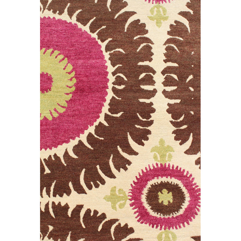 Suzani Wool Ikat Area Rug in Green/Ivory/Chocolate, Rectangle 9' x 12'