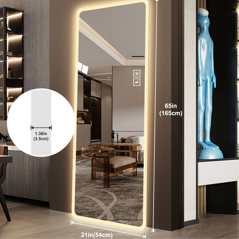 Miroir de salon pleine longueur 65 po x 21,7 po - Accessoire décoratif en verre avec éclairage à DEL pour éclairage de pièce