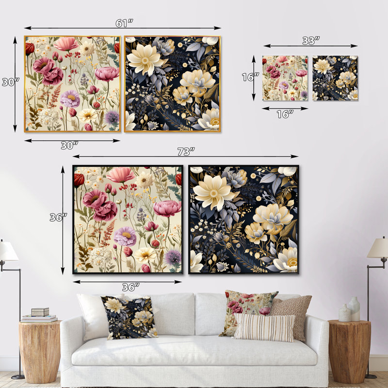 Aya - Ensemble de 2 collages floraux carrés, Cadre flottant noir, H 16 po x l 33 po