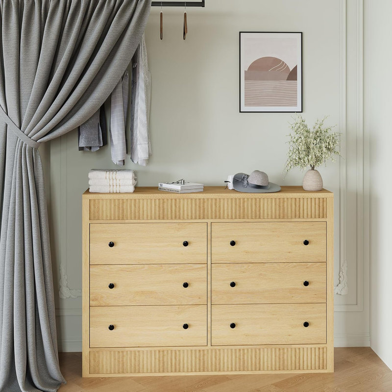 6-Drawer Dresser, Fluted Wooden Chest with 47" Wide Top, Walnut Finish, Modern Storage Unit for Bedroom, Living Room, or Entryway