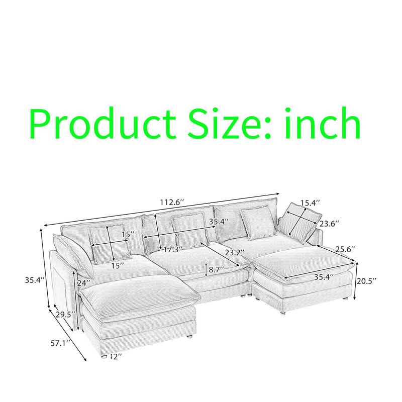 Canapé modulaire avec repose-pieds mobile, coussins de siège à deux couches, poches de rangement, tissu en velours côtelé moelleux, siège profond confortable pour le salon et la chambre à coucher