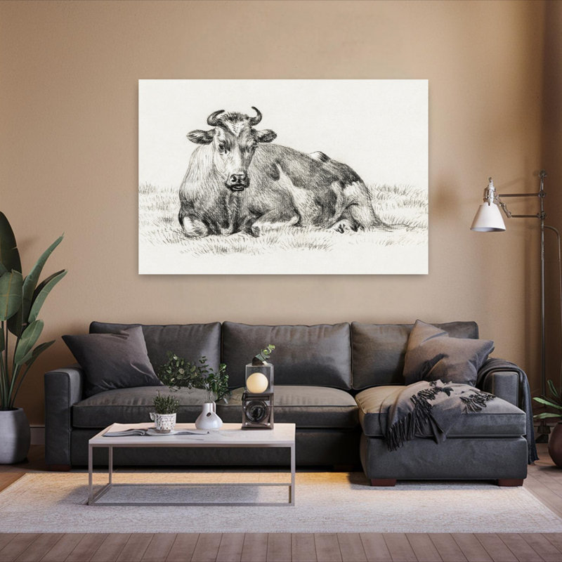 Vache couchée, rétro rétro, art mural classique, H 60 po x l 40 po