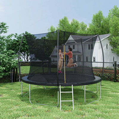 12FT Trampoline (Double-side color pad) ,  Trampoline for Kids and Adults with Enclosure Net and Ladder,Curved fence pole