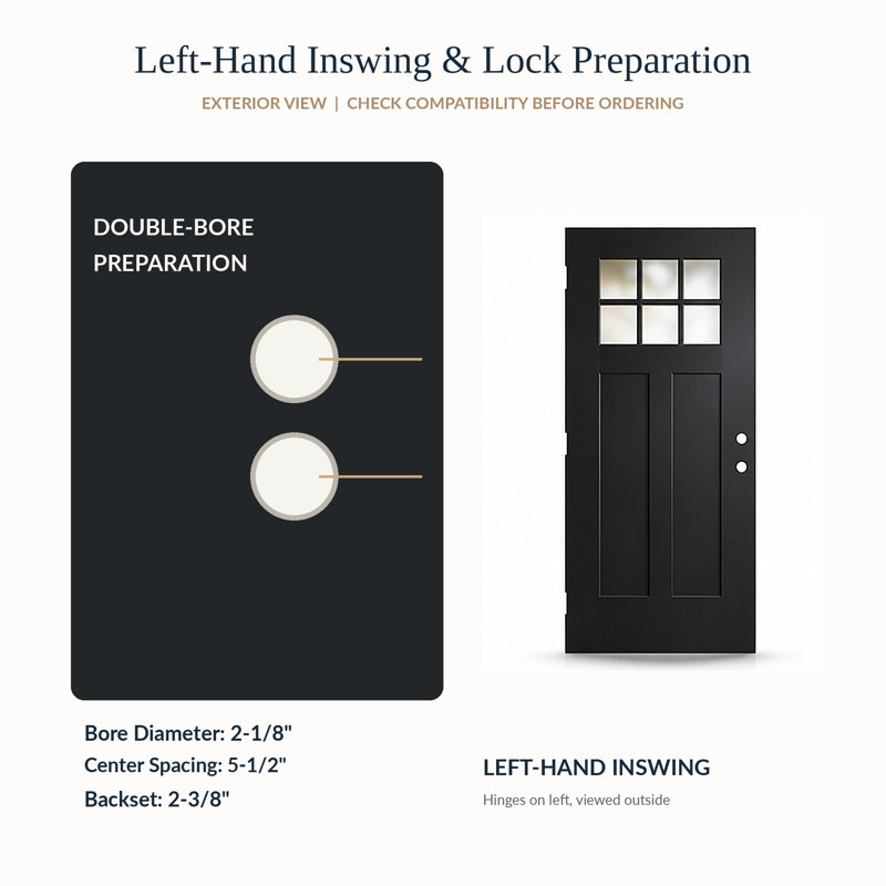 36" x 80" Black Fiberglass Front Entry Door Slab with 6-Lite Low-E Glass, Left-Hand Inswing, Craftsman Style