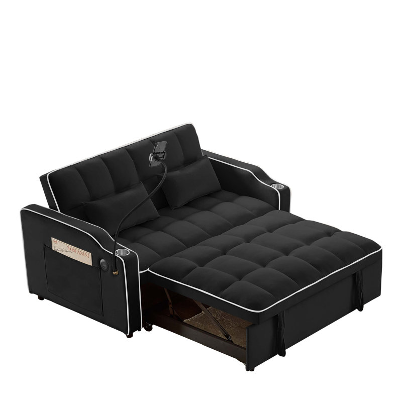 Pull-out Sofa Bed, Adjustable Back and with USB port, Black Fabric