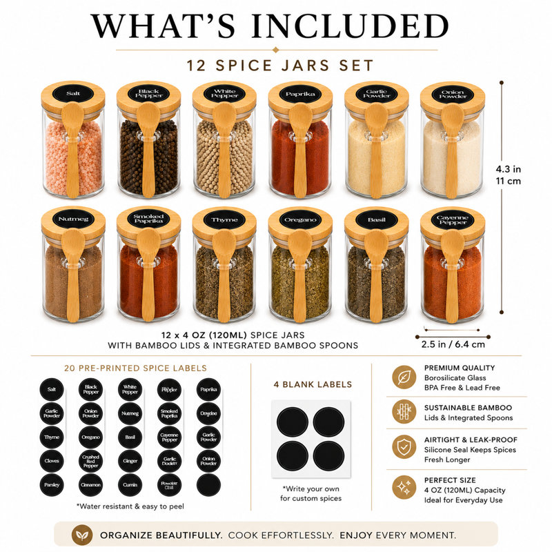 Ensemble de pots à épices en verre avec couvercles et cuillères en bambou, pots de rangement en verre borosilicaté avec étiquettes pré-imprimées et vierges - PAQUET DE 12