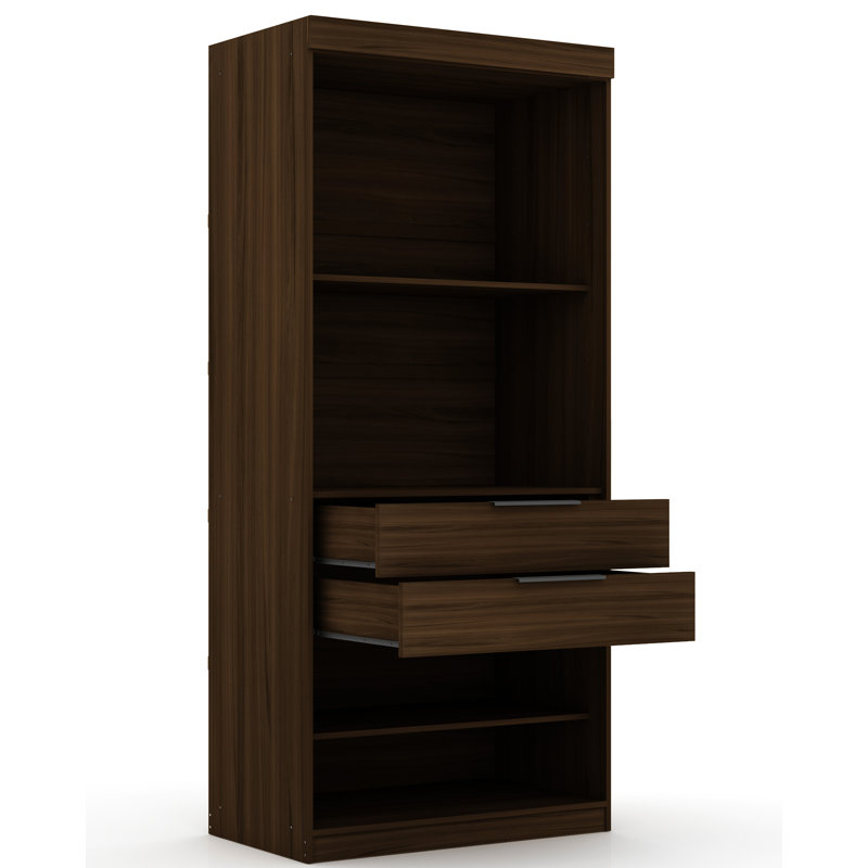 Mulberry Contemporary Modern Open Wardrobe Closet with Drawers and Adjustable Shelves in Chestnut Brown, Brown