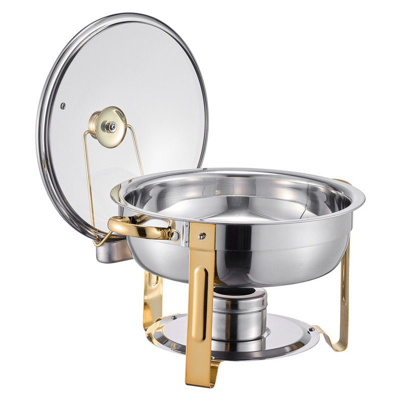 Ensemble de chauffe-plat rond en acier inoxydable 5 pièces 4 pièces avec couvercle en verre et support pliant