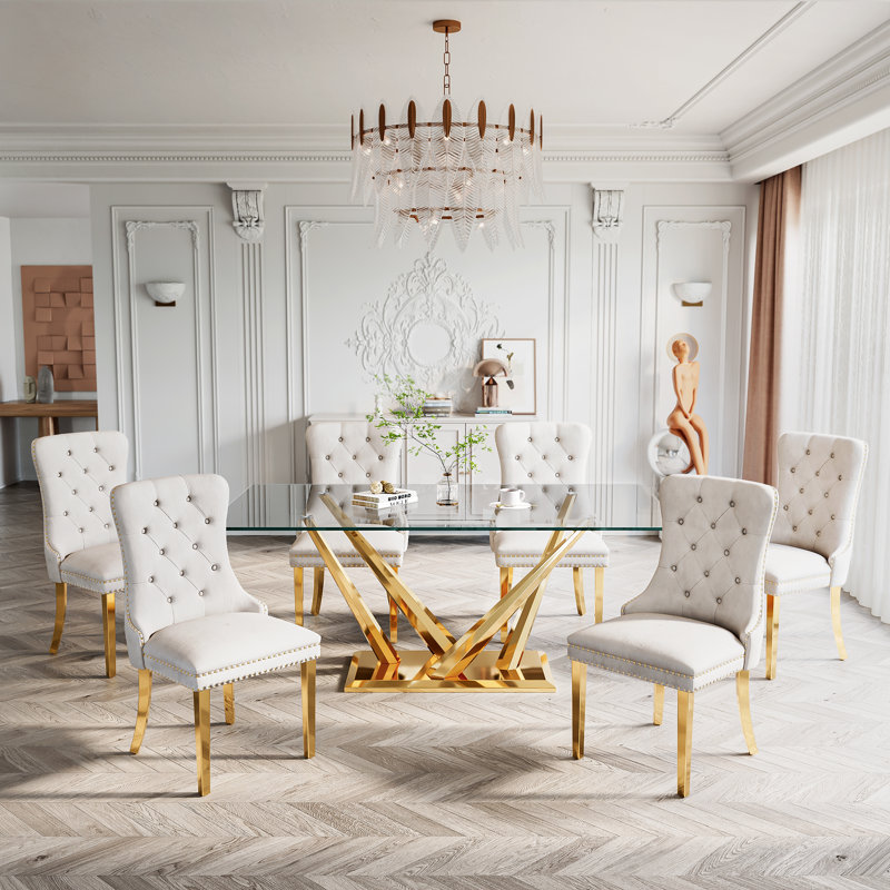 Glass Top Metal Base Dining Table With 6 Velvet Dining Chairs,7 - Piece Pedestal Dining Set, Gold, White