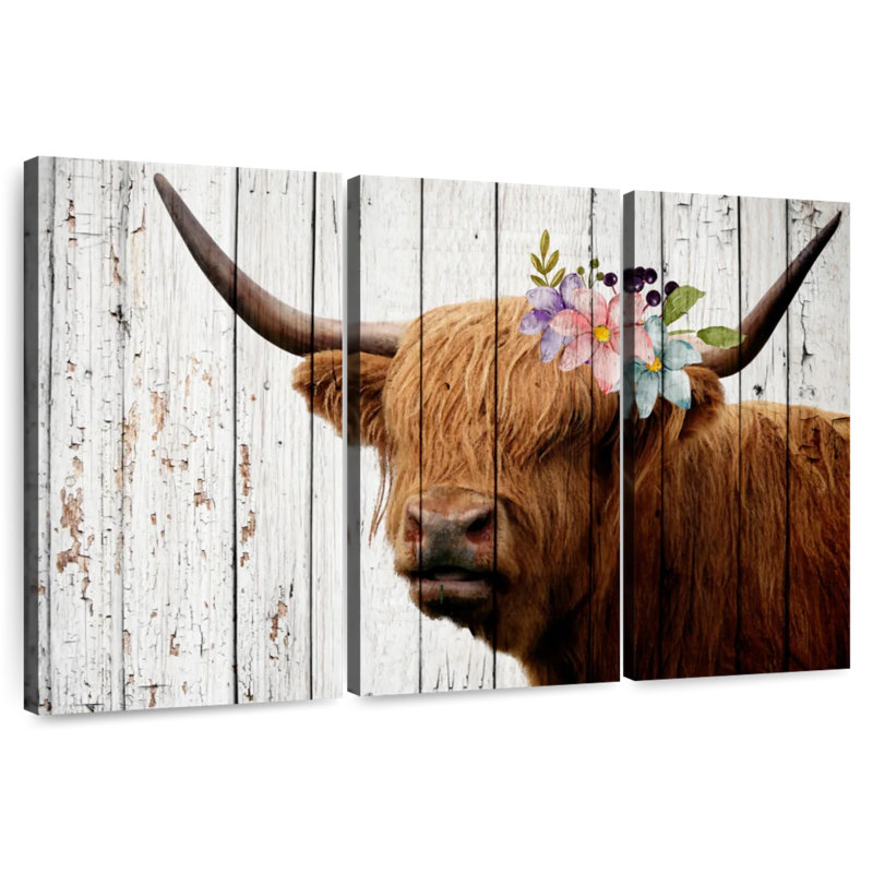 Brampt Wooden Floral Highland Cattle, 28" H x 45" W
