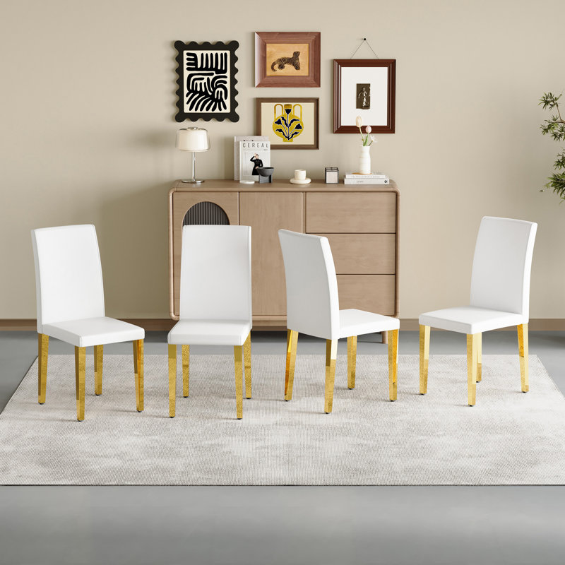 Ensemble de chaises de salle à manger rembourrées en similicuir avec dossier rembourré, pieds en métal, Blanc, Doré