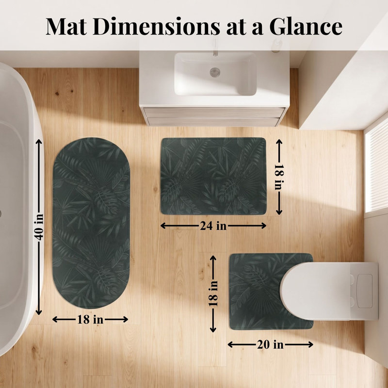 Decorative 3-Piece Bath Mat Set – Includes Standard, Runner, and Contour, Dark Green Leaves