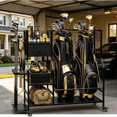 Organisateur de sacs de golf pour le garage, support de rangement de golf avec 6 fentes pour club, tiroir en tissu et roues verrouillables, peut contenir 2 sacs, pour le rangement de golf à la maison