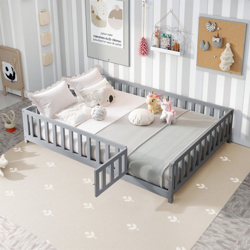 Lit plateforme double pleine grandeur avec clôture et porte, Gris