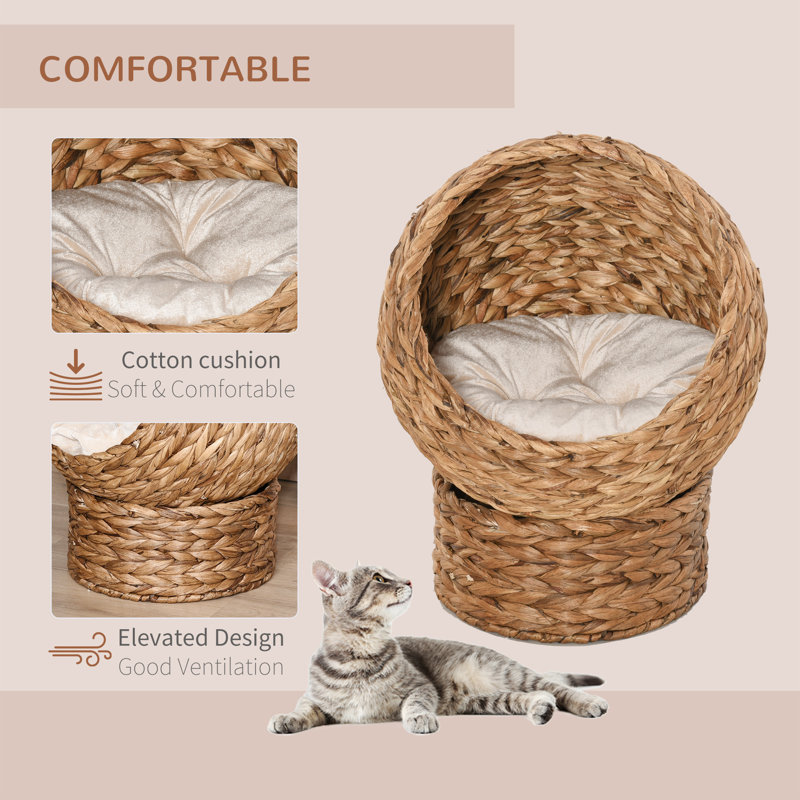 Lit de chat surélevé tissé à la main avec coussin moelleux et forme de chaise d'œuf de chat, Brun