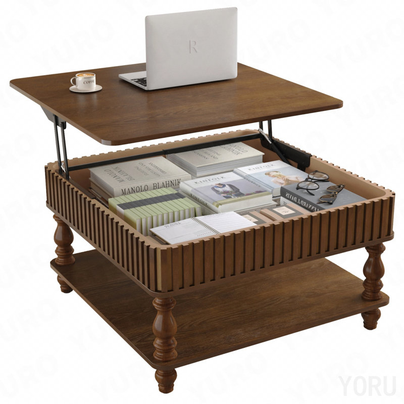 Table basse à plateau relevable cannelé 31,5 po avec rangement ouvert et caché, mécanisme de levage hydraulique, pieds en bois massif rétro pour le salon, canapé - noyer