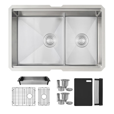 Évier de cuisine encastré à double cuve 60/40 en acier inoxydable avec accessoires noirs 28 po