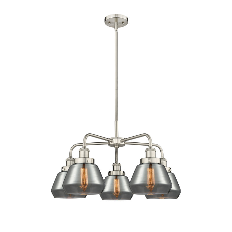 Lustre bol à 5 lumières en verre Fulton, Plaqué couleur fumée, Nickel satiné