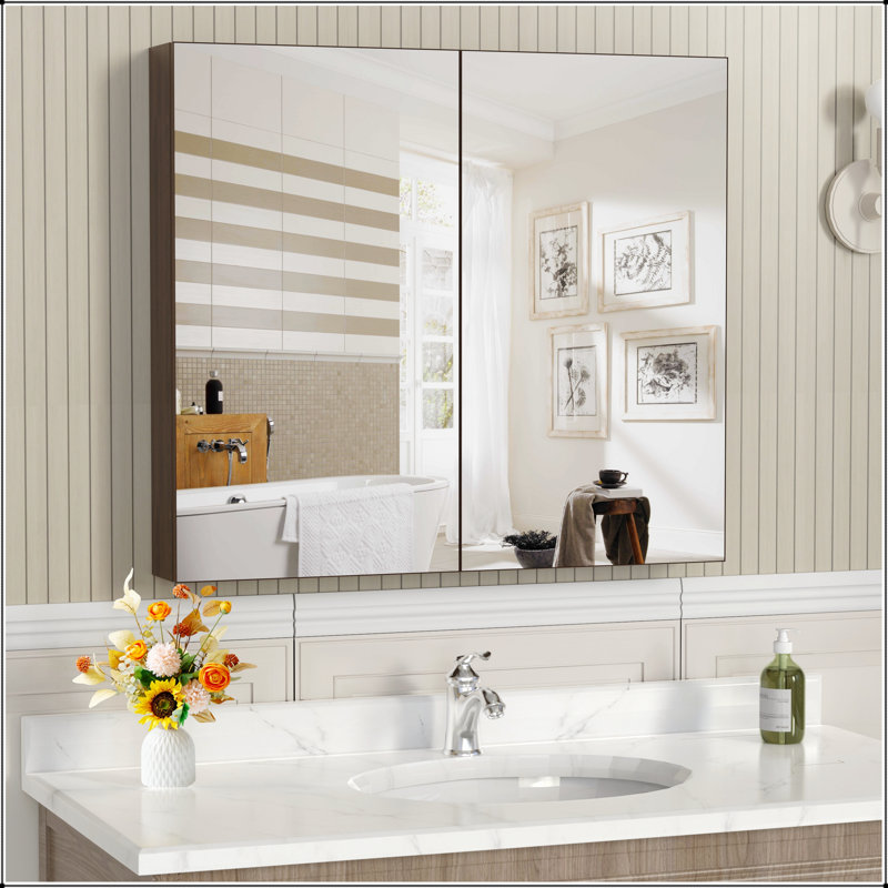 Armoire à pharmacie de salle de bain 32 po x 28 po avec miroir, rangement mural, tablettes réglables, cadre en aluminium, fixation en surface, jaune et corail