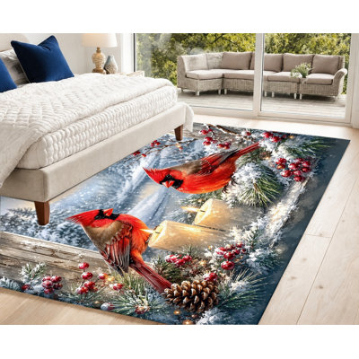 Tapis d'hiver lavable à la machine avec motif cardinal et neige, dos antidérapant, motif festif d'oiseaux rouges et de pommes de pin, décoration intérieure chaleureuse pour salon, chambre, entrée, cuisine, appartement