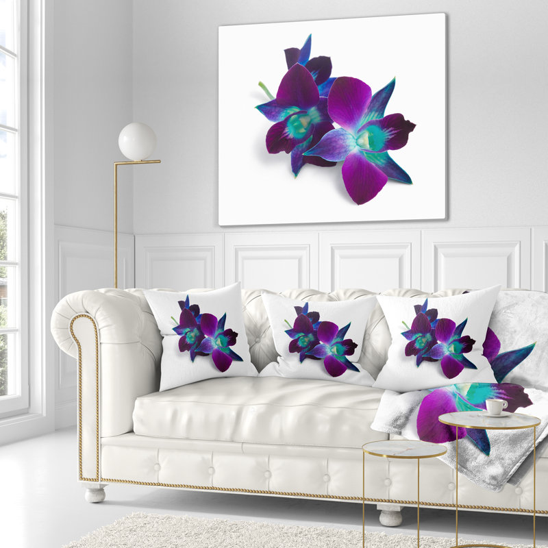 Orchidée mauve foncé sur fond blanc - imprimé floral, 16 po x 1 po, Coussin décoratif