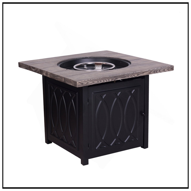 Table de foyer d'extérieur au propane en simili grain de bois avec couvercle en acier au propane avec couvercle