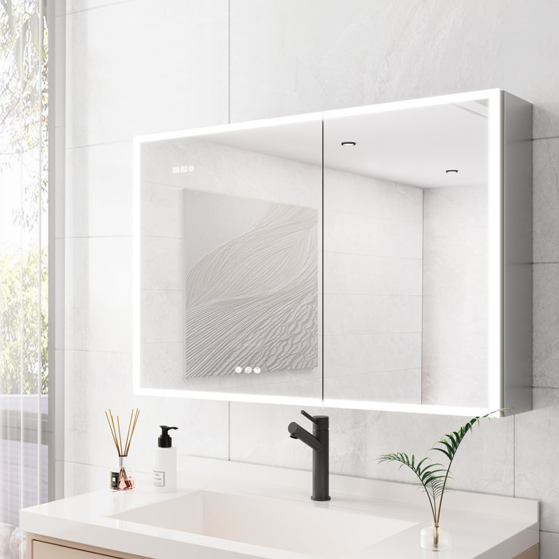 Armoire de salle de bain avec lumières 36 x 24 - Miroir à double porte, luminosité et température de couleur réglables, gradateur, indicateur de température de l'horloge, prises de médicaments à DEL pour la porte, contrôle, ports