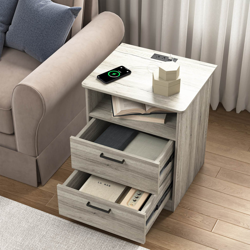 2 Drawers Nightstand With Charging Station, Gray