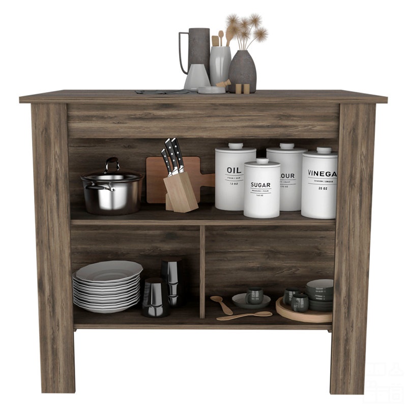 Îlot de cuisine Depos E-Shop Delos, quatre pieds, trois tablettes, Chêne brun