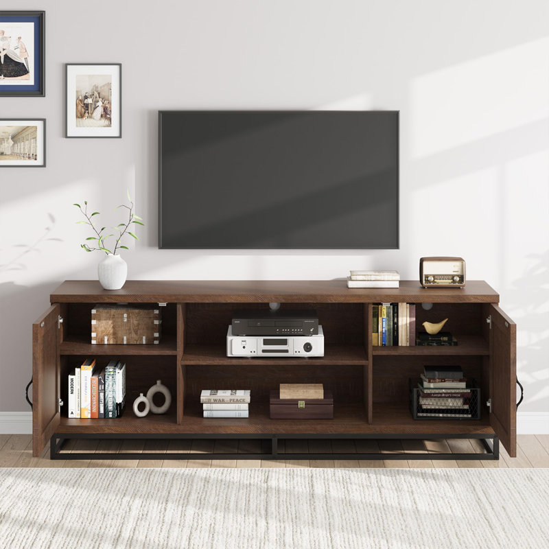 63" Farmhouse TV Stand for 75" TVs, Media Console with Metal Legs & Adjustable Shelves for Living Room, Brown
