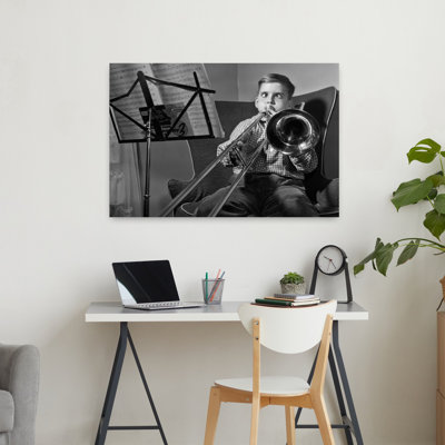 1950s, amusant, croisé, garçon, jouer, diapositive, trombone, rétro, rétro, art mural classique