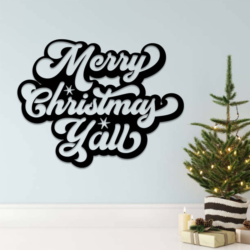 Art mural en métal Merry Christmas Y’all, Noir, H 23 po x l 30 po x P 0,12 po