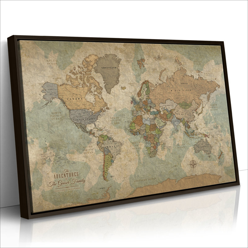 Carte du monde personnalisée sur toile à punaises personnalisable, H 24 po x l 40 po , Cadre flottant espresso, Oui