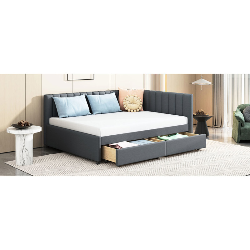 Upholstered Daybed With Gray Linen Cover And 2 Drawers, No Box Spring. Bed Frame For A Relaxed Living Space Upholstery. Without Spring Cozy