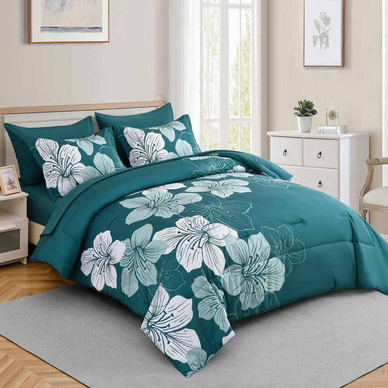 Ensemble d'édredon floral 7 pièces avec draps en microfibre toutes saisons, Sarcelle