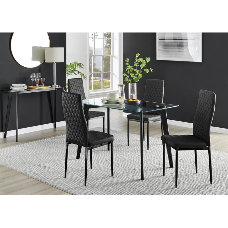 Scandinavian Dining Table Set - Minimalist Style Glass and Metal Leg with 4 Luxury Dining Chairs, Black/Black, Black
