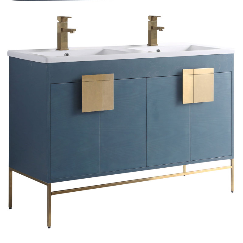 Ensemble de meuble-lavabo double 48 po Tortola, Bleu français, Laiton satiné