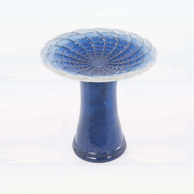 Handmade Glazed Ceramic Bird Bath with Lotus Embossed Tray and Pedestal Base, Deep Blue Pale White Gradient Glaze for Outdoor Use