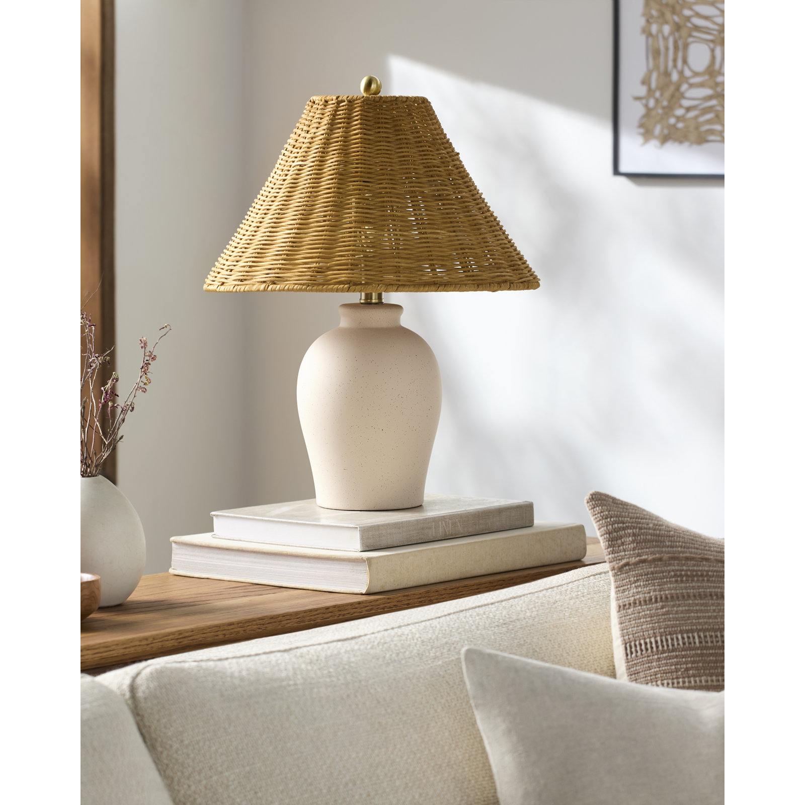 Chemise Ceramic Table Lamp, Shell, Wicker, Brown