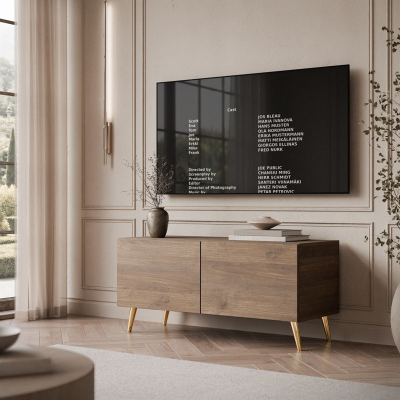 TV Stand for TVs up to 43", Walnut Eastwood + gold legs, without LED Lighting