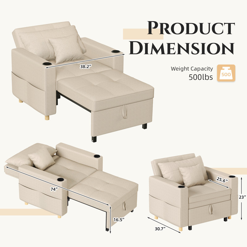 Heckman 40" Sleeper Chair,  3-in-1 Convertible Chair Bed, Beige 100% Linen