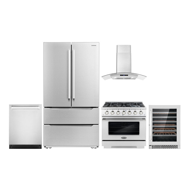 Cosmo 5 Piece Kitchen Appliance Package with French Door Refrigerator , 35.8'' Gas Freestanding Range , Built-In Dishwasher , Wall Mount Range Hood , and Wine Refrigerator