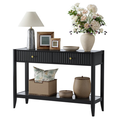 Entryway Console Table With Two Drawers, Mid-century Modern Sofa Table Behind The Couch With Solid Wood Legs