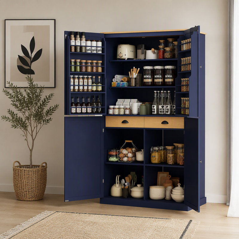 Armoire de cuisine autoportante haute avec 2 tiroirs, 2 tablettes réglables et 8 portes, idéale pour la cuisine et la salle à manger.