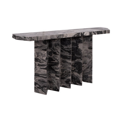 Console en marbre cannelé et bois pour entrée ou hall - Style contemporain et étroit, idéale pour un corridor ou un coin salon - 137 cm, noir et gris